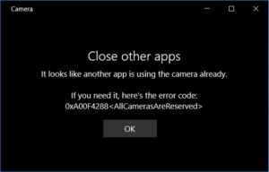 Cortana Camera Error at Desktop